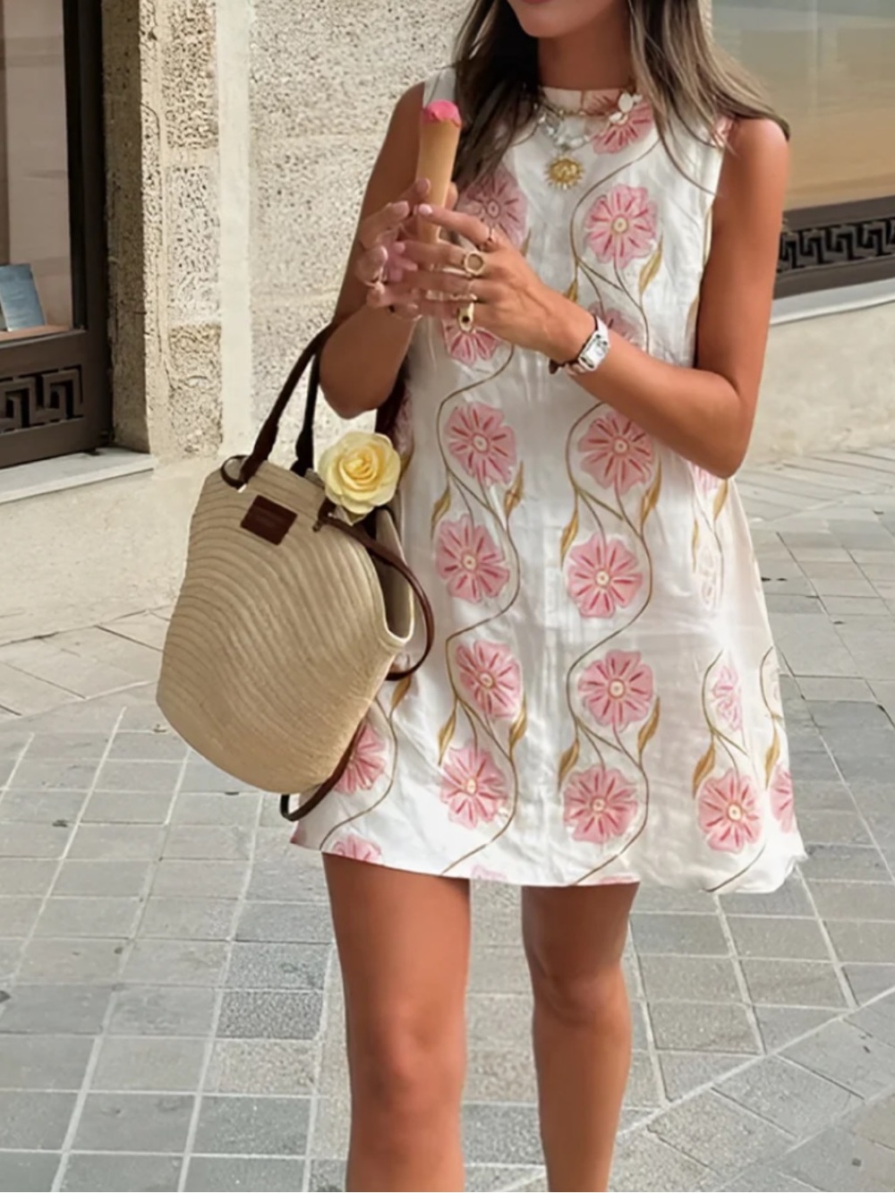Commense White Mini Dress with Pink Floral Motif